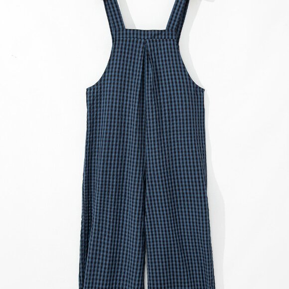 B243 Sail Blue Plaid Print Buttoned Pocketed High Waist Overall - Picture 9 of 16